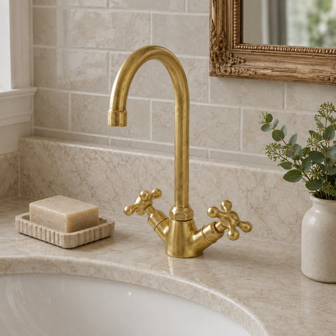 Single-Hole Bathroom Faucet with Cross Handles – Unlacquered Brass