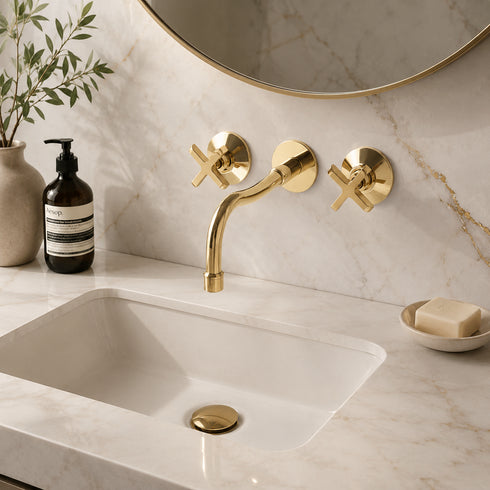 Wall-Mount Bathroom Sink Faucet with 8-Inch Spout – Unlacquered Brass