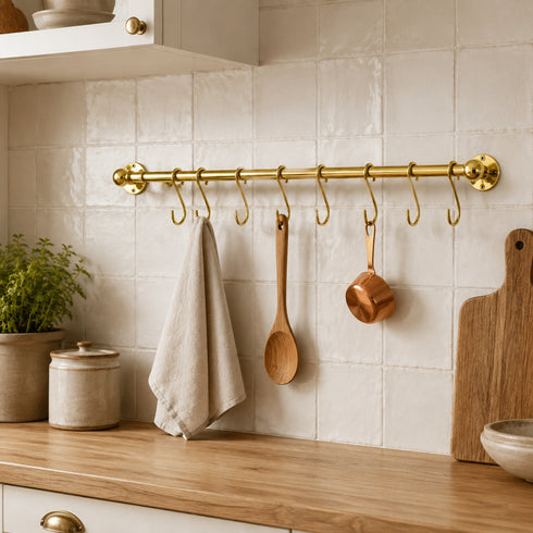 Handmade solid brass kitchen rail with S hooks