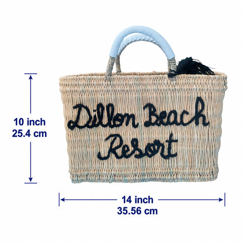 Handcrafted Straw Beach Bag with Black Handles and Stylish “Summer Beach” Design