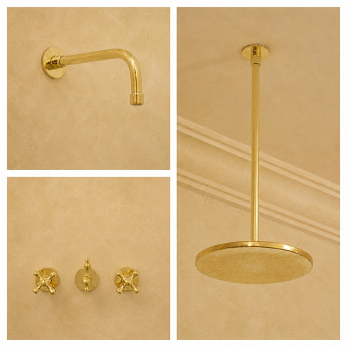 Handcrafted Brass Ceiling & Wall Shower System with Rainfall Showerhead and 3-Valve Mixer