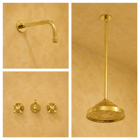 Handcrafted Brass Ceiling & Wall Shower System with Rainfall Showerhead and 3-Valve Mixer