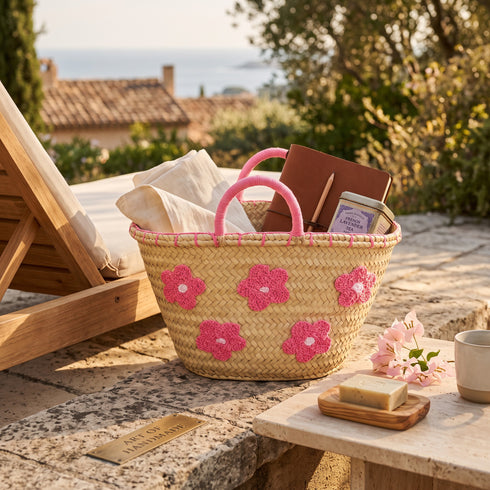 Handwoven Moroccan Palm Leaf Basket with Pink Floral Embroidery