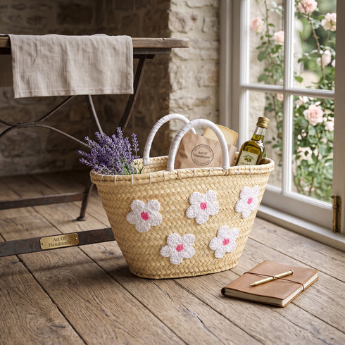 Handwoven Moroccan Palm Leaf Basket with Pink Floral Embroidery