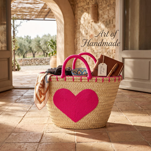 Handwoven Moroccan Palm Leaf Basket with Pink Heart