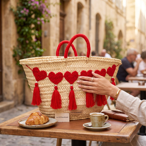 Handwoven Moroccan Palm Leaf Basket with Red Hearts & Tassels