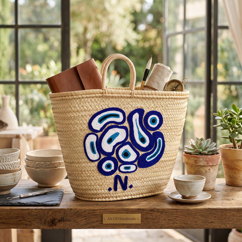 Handwoven Moroccan Palm Leaf Basket with Blue Abstract Embroidery