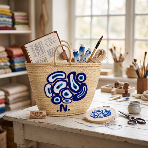 Handwoven Moroccan Palm Leaf Basket with Blue Abstract Embroidery