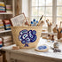 Handwoven Moroccan Palm Leaf Basket with Blue Abstract Embroidery