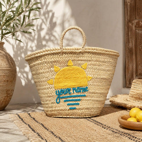 Handwoven Moroccan Palm Leaf Beach Basket with Sun Embroidery
