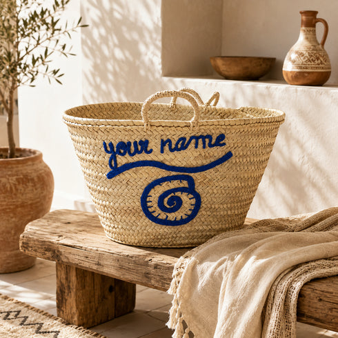 Handwoven Moroccan Palm Leaf Basket with Blue Personalized Embroidery