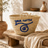 Handwoven Moroccan Palm Leaf Basket with Blue Personalized Embroidery
