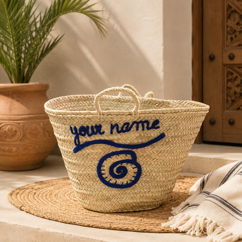 Handwoven Moroccan Palm Leaf Basket with Blue Personalized Embroidery