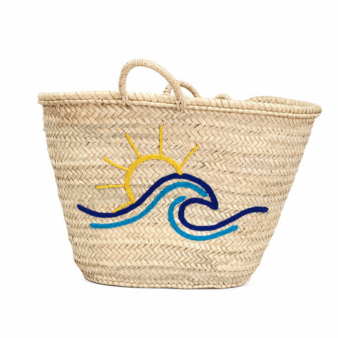 Handwoven Moroccan Palm Leaf Basket with Sun & Wave Embroidery