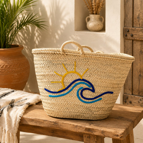 Handwoven Moroccan Palm Leaf Basket with Sun & Wave Embroidery