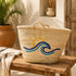 Handwoven Moroccan Palm Leaf Basket with Sun & Ocean Wave Embroidery