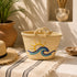 Handwoven Moroccan Palm Leaf Basket with Sun & Ocean Wave Embroidery