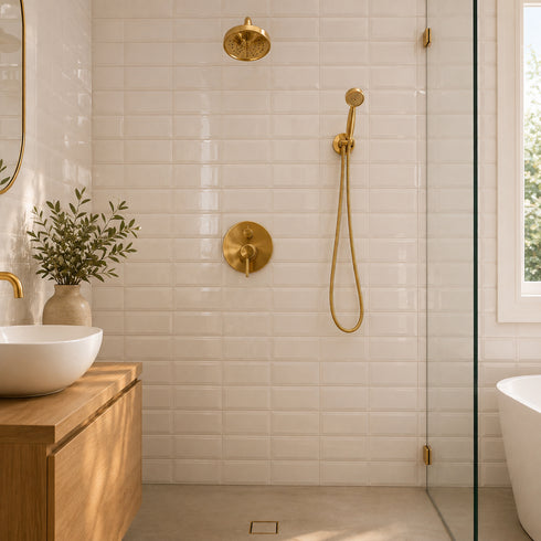 Handcrafted Unlacquered Brass Shower System with Rainfall Head & Hand Shower