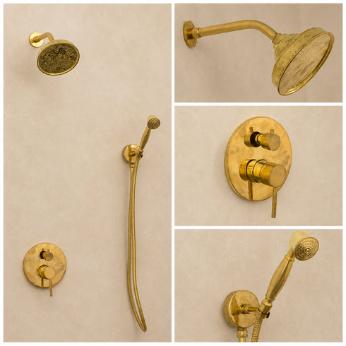 Handcrafted Unlacquered Brass Shower System with Rainfall Head & Hand Shower
