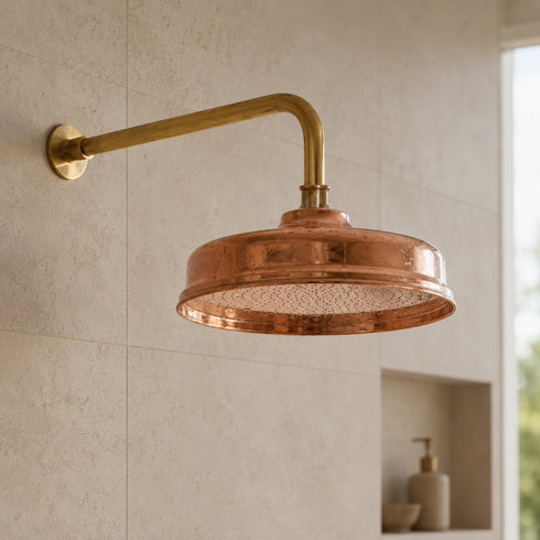 Handcrafted Copper Rain Shower Head with Solid Brass Wall Arm – Vintage Round Design