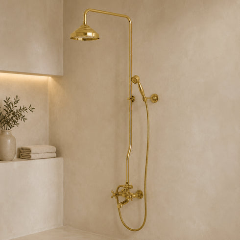 Handcrafted Unlacquered Brass Exposed Shower System with Rainfall Head