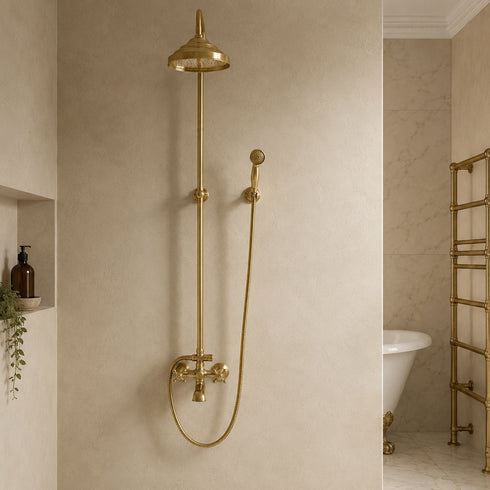 Handcrafted Unlacquered Brass Exposed Shower System with Rainfall Head