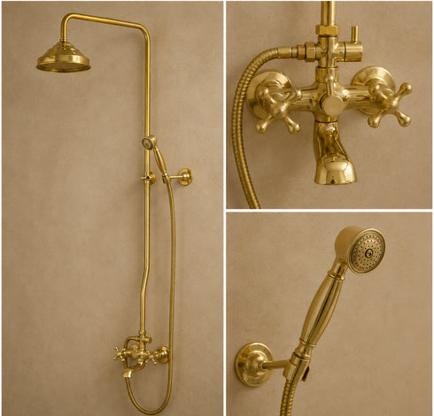 Handcrafted Unlacquered Brass Exposed Shower System with Rainfall Head