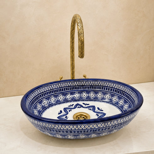 Hand-Painted Moroccan Ceramic Vessel Sink – Blue & White Oval Wash Basin