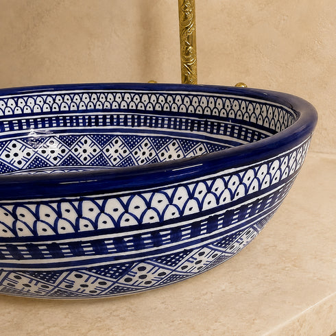 Hand-Painted Moroccan Ceramic Vessel Sink – Blue & White Oval Wash Basin