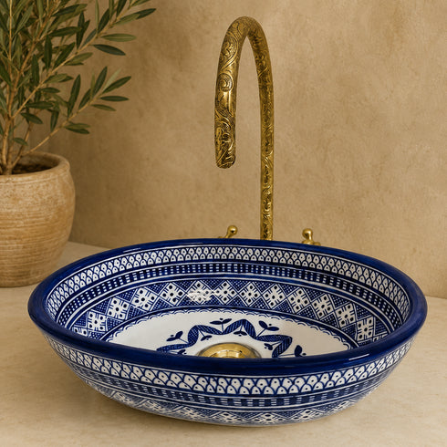 Hand-Painted Moroccan Ceramic Vessel Sink – Blue & White Oval Wash Basin