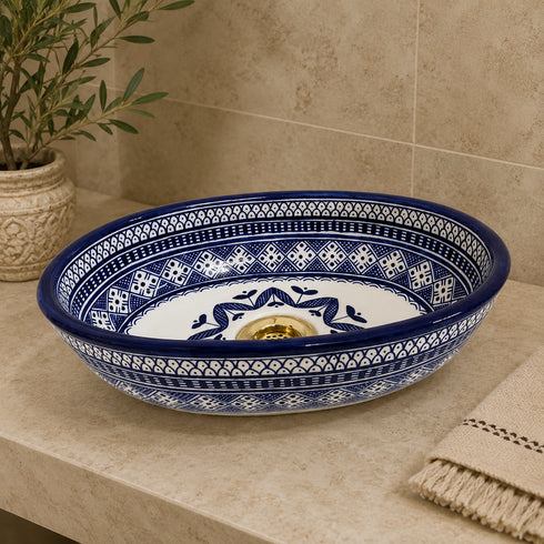 Hand-Painted Moroccan Ceramic Vessel Sink – Blue & White Oval Wash Basin