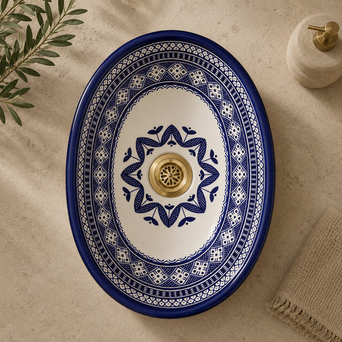 Hand-Painted Moroccan Ceramic Vessel Sink – Blue & White Oval Wash Basin