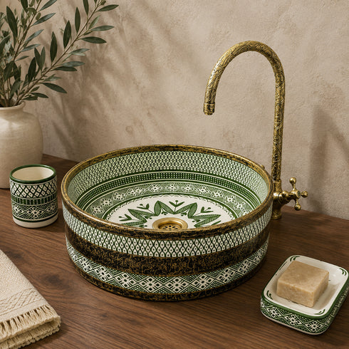 Hand-Painted Moroccan Ceramic Vessel Sink with Antique Brass Rim
