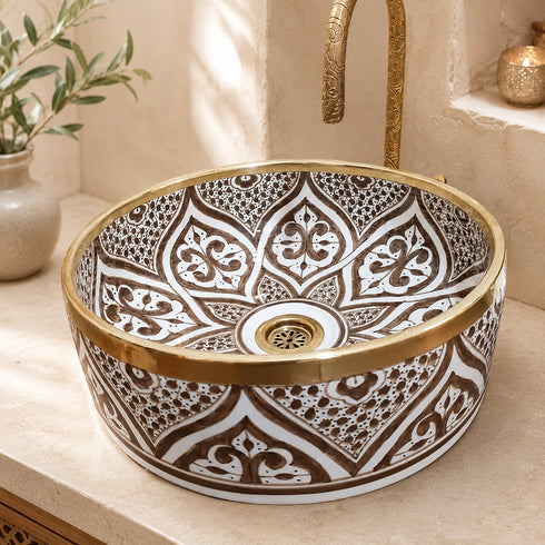 Artisan Moroccan Ceramic Countertop Basin – Brown & White