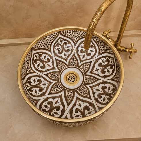 Artisan Moroccan Ceramic Countertop Basin – Brown & White