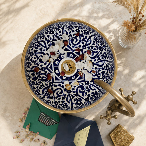 Hand-Painted Moroccan Ceramic Vessel Sink – Blue & White with Brass Rim