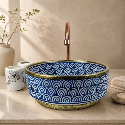 Artisan Moroccan Blue Ceramic Vessel Sink with Elegant Brass Finish
