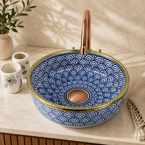 Artisan Moroccan Blue Ceramic Vessel Sink with Elegant Brass Finish