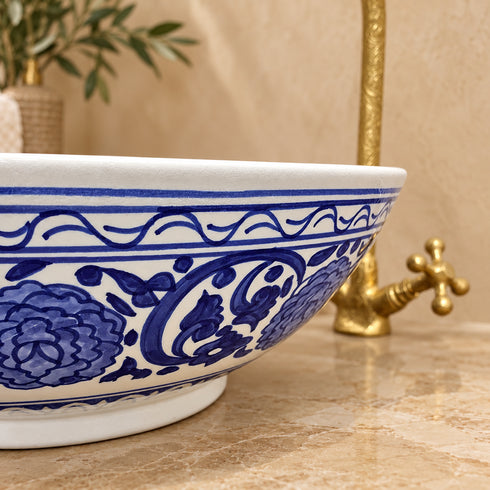 Hand-Painted Moroccan Blue & White Ceramic Vessel Sink