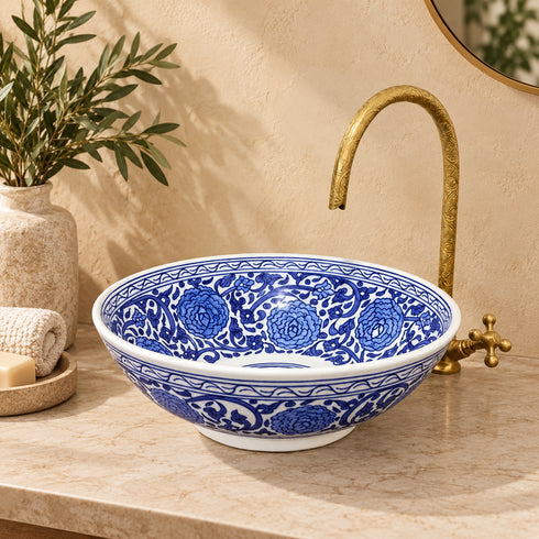 Hand-Painted Moroccan Blue & White Ceramic Vessel Sink