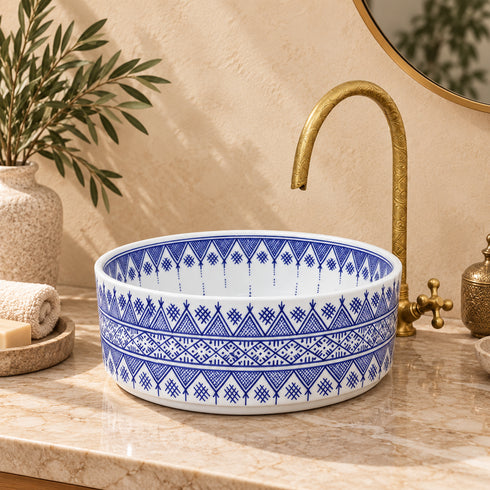 Hand-Painted Moroccan Blue Geometric Ceramic Vessel Sink