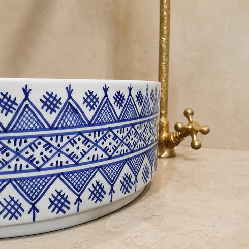 Hand-Painted Moroccan Blue Geometric Ceramic Vessel Sink
