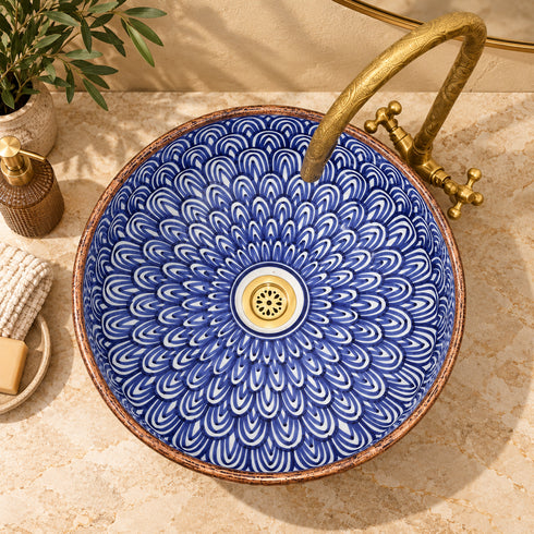 Hand-Painted Moroccan Blue Ceramic Vessel Sink with Copper Rim