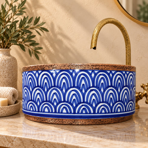 Hand-Painted Moroccan Blue Ceramic Vessel Sink with Copper Rim