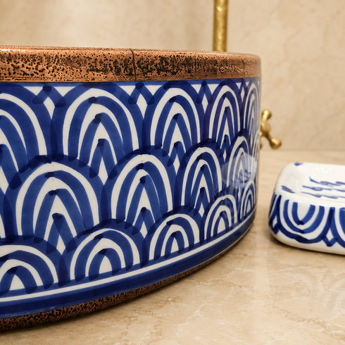 Hand-Painted Moroccan Blue Ceramic Vessel Sink with Copper Rim