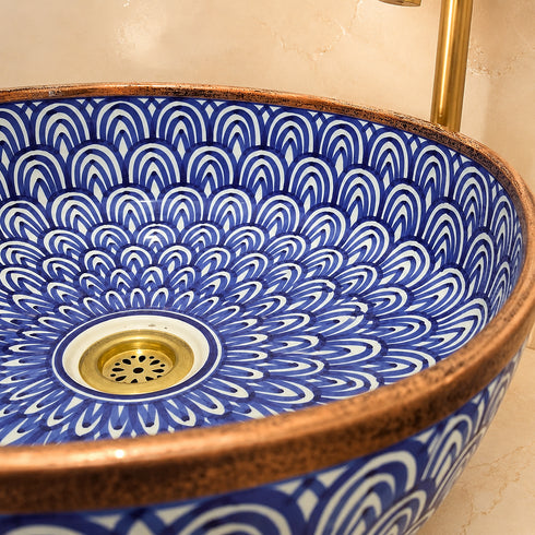 Hand-Painted Moroccan Blue Ceramic Vessel Sink with Copper Rim