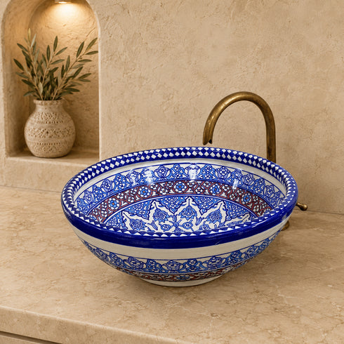 Zellige Garden Ceramic Basin – Blue & Ruby Moroccan Sink