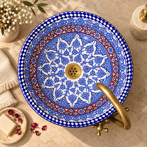 Zellige Garden Ceramic Basin – Blue & Ruby Moroccan Sink
