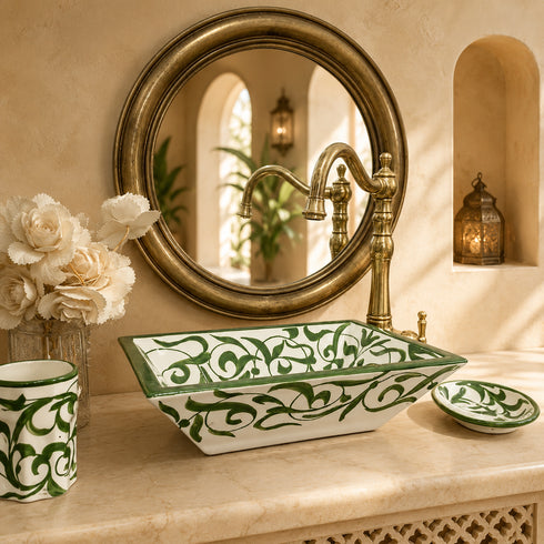 Verdant Riad Rectangular Ceramic Sink – Hand-Painted Green Vine Basin
