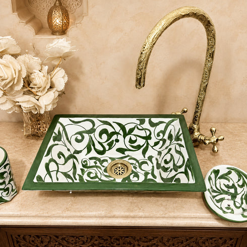 Verdant Riad Rectangular Ceramic Sink – Hand-Painted Green Vine Basin